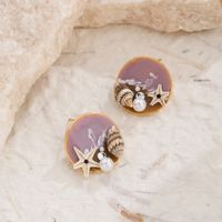 1 Pair Beach Starfish Conch Enamel Copper Artificial Pearls 18K Gold Plated Ear Studs main image 4