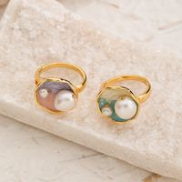 Copper 18K Gold Plated Marine Style Enamel Inlay Ocean Freshwater Pearl Open Rings main image 6
