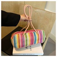 Women's Medium Straw Rainbow Vacation Classic Style Weave Oval Zipper Straw Bag main image 4