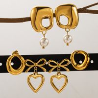 1 Par Estilo Vintage Estilo Clásico Geométrico Forma De Corazón Nudo De Lazo Perla Ahuecar Acero Inoxidable 304 Chapado En Oro De 14 Quilates. Pendientes De Gota main image 6