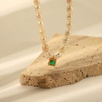 Wholesale Jewelry IG Style Nordic Style Simple Style Square 201 Stainless Steel Freshwater Pearl Zircon 18K Gold Plated Beaded Handmade Inlay Pendant Necklace main image 3