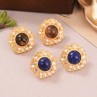 1 Pair Simple Style Oval Inlay Alloy Artificial Pearls Natural Stone 18K Gold Plated Ear Studs main image 3