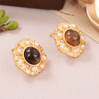 1 Pair Simple Style Oval Inlay Alloy Artificial Pearls Natural Stone 18K Gold Plated Ear Studs main image 1
