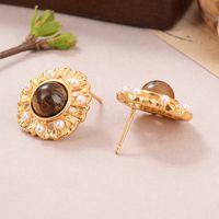 1 Pair Simple Style Oval Inlay Alloy Artificial Pearls Natural Stone 18K Gold Plated Ear Studs main image 4