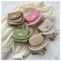 Women's Mini Straw Solid Color Elegant Pearls Lock Clasp Straw Bag main image video