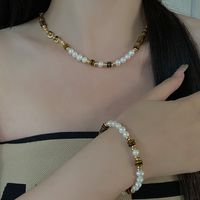 Elegant Retro Geometric Natural Stone Freshwater Pearl Copper Women's Bracelets Necklace sku image 57
