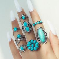 Exaggerated Ethnic Style Cool Style Leaf Round Snake Alloy Plating Inlay Turquoise Women's Rings sku image 5