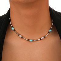 Simple Style Geometric Artificial Pearl Wooden Beads Turquoise Plating Men's Necklace sku image 1