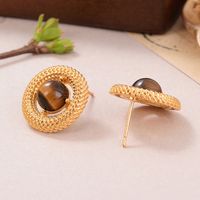 1 Pair Vintage Style Fashion French Style Round Plating Hollow Out Inlay Alloy Tiger Eye Lapis Lazuli Ear Studs main image 5