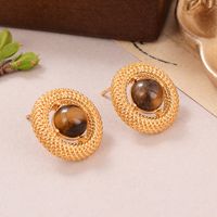 1 Pair Vintage Style Fashion French Style Round Plating Hollow Out Inlay Alloy Tiger Eye Lapis Lazuli Ear Studs main image 3