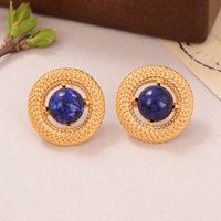 1 Pair Vintage Style Fashion French Style Round Plating Hollow Out Inlay Alloy Tiger Eye Lapis Lazuli Ear Studs main image 4