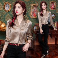 Femmes Chemisière Manche Longue Blouses Jacquard Élégant Couleur Unie main image 6