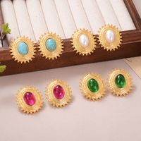 1 Pair IG Style Simple Style Oval Inlay Alloy Artificial Pearls Natural Stone Crystal 18K Gold Plated Ear Studs main image 1