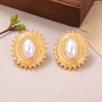 1 Pair IG Style Simple Style Oval Inlay Alloy Artificial Pearls Natural Stone Crystal 18K Gold Plated Ear Studs main image 3