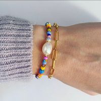 Simple Style Round Freshwater Pearl Glass Plating 18K Gold Plated Women's Bracelets main image 1
