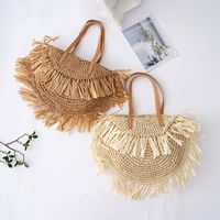 Women's Large Straw Solid Color Vacation Beach Weave Semicircle Zipper Straw Bag main image 9