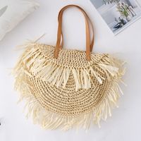 Women's Large Straw Solid Color Vacation Beach Weave Semicircle Zipper Straw Bag sku image 2
