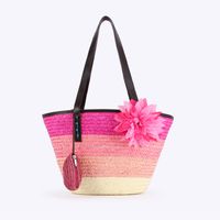 Women's Large Straw Color Block Vacation Beach Weave Bucket Zipper Beach Bag sku image 5
