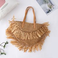 Women's Large Straw Solid Color Vacation Beach Weave Semicircle Zipper Straw Bag sku image 1