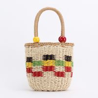 Women's Medium Paper String Color Block Cute Beading Weave String Straw Bag sku image 1