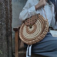 Women's Medium Straw Color Block Solid Color Vacation Beach Weave Zipper Straw Bag main image 3