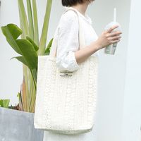 Women's Large Canvas Solid Color Streetwear Lace Hollow Open Shoulder Bag sku image 2