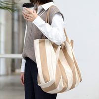 Women's Large Canvas Stripe Basic Classic Style Open Canvas Bag main image 6