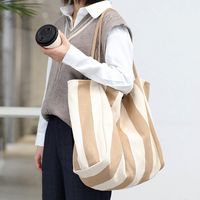 Women's Large Canvas Stripe Basic Classic Style Open Canvas Bag main image 3