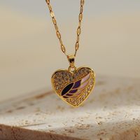 Titanium Steel Copper Gold Plated IG Style Shiny Enamel Inlay Heart Shape Wings Zircon Pendant Necklace main image 3