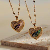 Titanium Steel Copper Gold Plated IG Style Shiny Enamel Inlay Heart Shape Wings Zircon Pendant Necklace main image 4