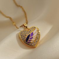 Titanium Steel Copper Gold Plated IG Style Shiny Enamel Inlay Heart Shape Wings Zircon Pendant Necklace sku image 3