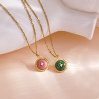 304 Stainless Steel Natural Stone 14K Gold Plated IG Style Vintage Style British Style Inlay Round Star Natural Stone Pendant Necklace main image 7