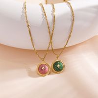 304 Stainless Steel Natural Stone 14K Gold Plated IG Style Vintage Style British Style Inlay Round Star Natural Stone Pendant Necklace main image 3