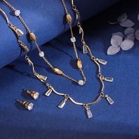 Copper 18K Gold Plated Simple Style Shiny Beaded Inlay Round Trapezoid Glass Zircon Jewelry Set main image 5