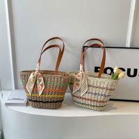 Femmes Moyen Tresser Couleur Unie Vacances Plage Tisser Fermeture Éclair Sac De Paille main image 7