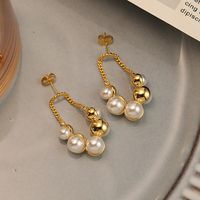 1 Pair Simple Style British Style Round Rose Bow Knot Beaded Inlay Metal Copper Brass Pearl Gold Plated Drop Earrings main image 1