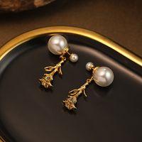 1 Pair Simple Style British Style Round Rose Bow Knot Beaded Inlay Metal Copper Brass Pearl Gold Plated Drop Earrings main image 5