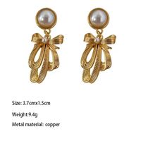 1 Pair Simple Style British Style Round Rose Bow Knot Beaded Inlay Metal Copper Brass Pearl Gold Plated Drop Earrings sku image 1