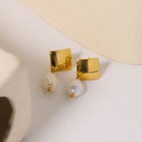 1 Pair Retro Simple Style Rhombus Freshwater Pearl Titanium Steel 18K Gold Plated Drop Earrings main image 5