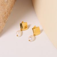 1 Pair Retro Simple Style Rhombus Freshwater Pearl Titanium Steel 18K Gold Plated Drop Earrings main image 6