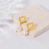 1 Pair Handmade Simple Style Rhombus Pearl Hollow Out Titanium Steel 18K Gold Plated Drop Earrings main image 6