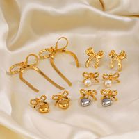 1 Pair Sweet Simple Style Heart Shape Bow Knot Polishing Pearl 304 Stainless Steel 18K Gold Plated Drop Earrings main image 3