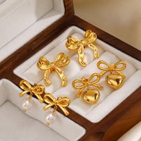 1 Pair Sweet Simple Style Heart Shape Bow Knot Polishing Pearl 304 Stainless Steel 18K Gold Plated Drop Earrings main image 4