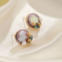 1 Pair Retro Pastoral Flower Inlay Freshwater Pearl Copper Freshwater Pearl 18K Gold Plated Ear Studs main image 6