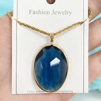 304 Stainless Steel Copper 18K Gold Plated Shiny Plating Inlay Oval Glass Pendant Necklace main image 5