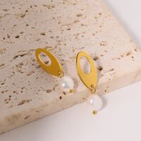 1 Pair IG Style Simple Style Geometric Pearl Hollow Out Titanium Steel 18K Gold Plated Drop Earrings main image 3
