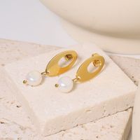 1 Pair IG Style Simple Style Geometric Pearl Hollow Out Titanium Steel 18K Gold Plated Drop Earrings main image 4