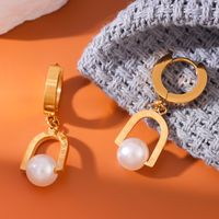 1 Pair Simple Style Solid Color Inlay Titanium Steel Pearl Drop Earrings sku image 1