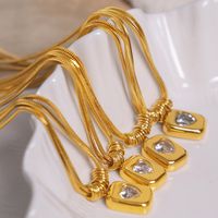 Titanium Steel 18K Gold Plated Retro Inlay Heart Shape Rectangle Zircon Pendant Necklace main image 6