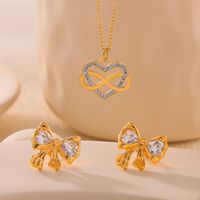 Titanium Steel 18K Gold Plated Casual Sweet Simple Style Inlay Infinity Heart Shape Bow Knot Rhinestones Zircon Earrings Necklace main image 6